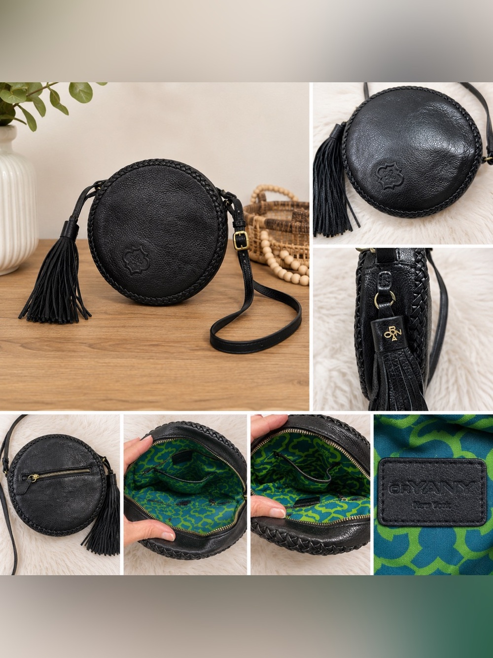 orYANY Black Leather Round Canteen Crossbody Tassel Bag - Picture 2 of 3